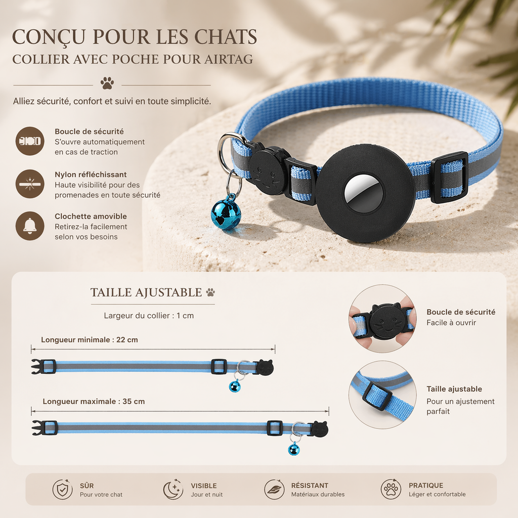 Collier Réfléchissant Porte-AirTag  Toutou & Minou — Sécurité Anti-Fugue  pour Chat & Chien